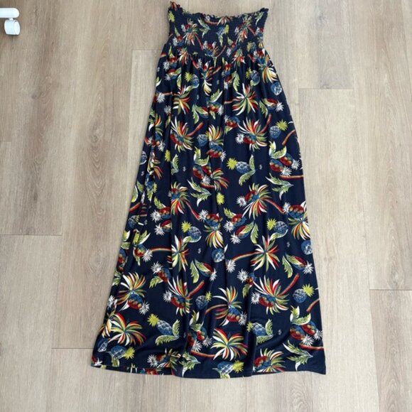 Juicy Couture Womens Strapless Maxi Dress Size Medium Navy Blue Tropical Summer - Picture 1 of 14